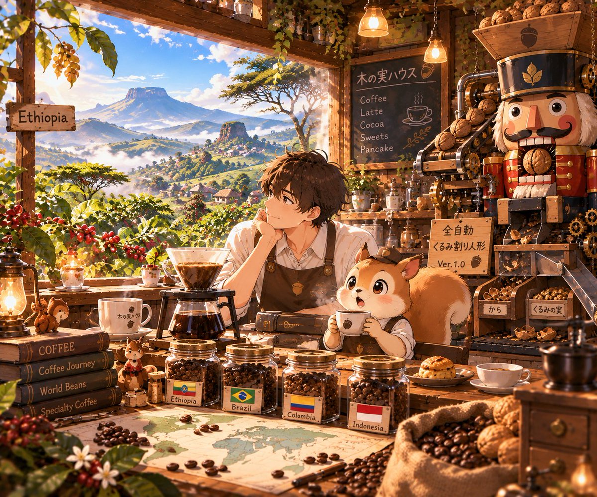 kinomihouse's tweet photo. ☀️おはようございます。10月1日。
今日は、「国際コーヒーデー」。
世界中で親しまれているコーヒーを祝い、その一杯を支える生産者や、コーヒーに関わる人たちにも目を向ける日です。

ということで、朝の木の実ハウス。
日野森が、いくつものコーヒー豆を並べていました。
🐿️「マスター。」
🌞「はい？」
🐿️「こくさいコーヒーって、なに？」
🌞「国際コーヒーじゃなくて、国際コーヒー“デー”だね。」
🐿️「せかいのコーヒー？」
🌞「そうだね。いろいろな国で作られているよ。」
🐿️「のみたい。」
🌞「じゃあ、少しずつ飲み比べてみようか。」

最初は、エチオピア。
豆を挽いて。お湯を注いで。華やかな香りが広がります。
🐿️「いただきます。」
一口。
その瞬間――
ふわっ。
🌞「…………。」
🐿️「…………。」
窓の外から、いつもの木の実町が消えました。
代わりに広がっていたのは、緑豊かな山々。
高地に広がるコーヒーの木。
遠くまで続く、エチオピアの風景。

カウンターも。テーブルも。
昨日の全自動くるみ割り人形もそのまま。
木の実ハウスだけが、エチオピアへ来てしまったようです。
🐿️「エチオピア。」
🌞「……みたいだね。」
コーヒーを飲み終えると。
ふっ。
いつもの木の実町。
🌞「戻った。」
🐿️「つぎ。」
🌞「もう慣れたの？」

次は、ブラジル。
一口飲めば。
ふわっ。
今度は窓の外いっぱいに、暖かな日差しを浴びる広大なコーヒー農園。
🐿️「ブラジル。」

さらに、コロンビア。
一口飲めば、アンデスの山あいへ。

そして、インドネシア。
深い緑。湿った空気。遠くに見える山々。
一杯飲むたびに、木の実ハウスの外側だけが、世界のどこかへ変わっていきます。
🌞「同じコーヒーなのに、ずいぶん違うね。」
🐿️「うん。」

一杯のコーヒーは、小さなカップの中にあります。
でも、その向こう側には。豆が育った土地があって。
雨が降って。太陽が照って。それを育てる人がいて。
遠い遠い道を通って、いつものカップまでやってくる。

そう考えると。いつもの一杯も、案外、世界のどこかにつながっているのかもしれません。

世界をぐるっと回ったところで。
🌞「そろそろ最後にしようか。」
🐿️「もういっぱい。」
🌞「もう一杯？」
🐿️「うん。」

最後に日野森が取り出したのは、いつもの豆。
木の実ハウスのブレンドです。
コーヒーを淹れて。
🐿️「いただきます。」
ごくっ。
ふわっ。
窓の外に現れたのは――

いつもの道。
いつもの木々。
いつもの木の実町。
🐿️「…………。」
🌞「戻ってきたね。」
🐿️「これ、どこの？」
🌞「木の実ハウスのブレンドだよ。」
🐿️「これが、いちばんすき。」
🌞「そう？」
🐿️「うん。」

世界を回ってみたら、最後に飲みたくなったのは、いつもの一杯でした。

🌞「ところで、今日は何杯飲んだの？」
🐿️「…………。」
🐿️「14はい。」
🌞「今日はもう、お水にしようか。」

10月最初の木の実ハウス。
本日は、一杯飲むたび、
少しだけ世界が広くなる喫茶店です。
☕️今日も急がず、ゆるゆると☕