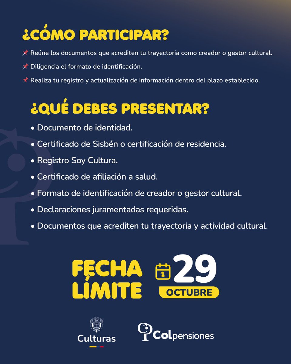 soledadalcaldia's tweet photo. 🎭 ¡Creadores y gestores culturales de Soledad!

Ya está abierta la Convocatoria BEPS 2026 de Colpensiones, para quienes buscan acceder a los Beneficios Económicos Periódicos.

📄 Revisa los requisitos, acredita tu trayectoria y realiza tu registro o actualización.

📅 Plazo: hasta el 29 de octubre de 2026.

💛 Tu trayectoria cultural cuenta.
#BEPS2026 #SoledadEmporioCultural