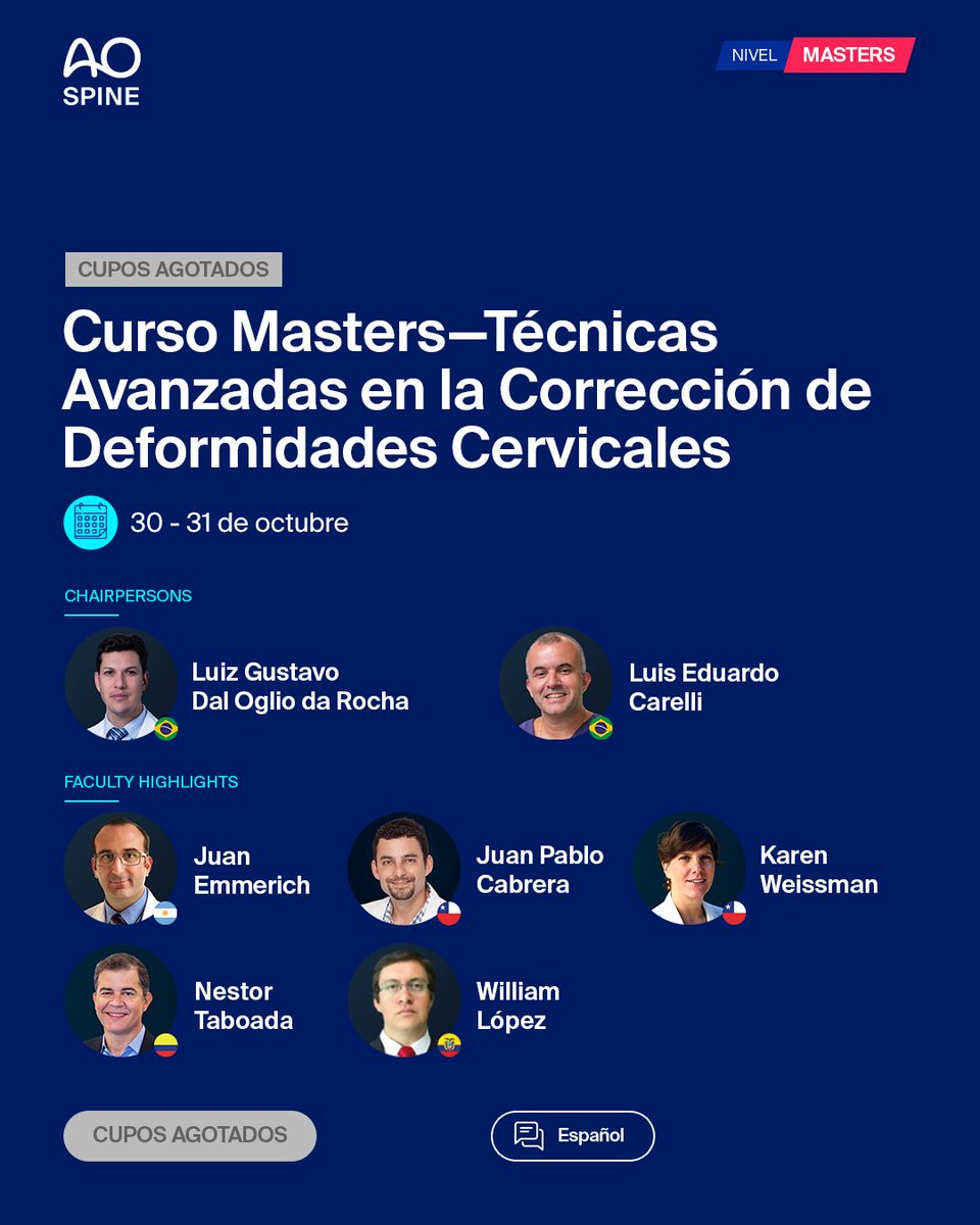 AOSpine's tweet photo. 🚨 Últimos cupos en Palm Beach!
🔹 Curso Avanzado MISS → Solo 1 cupo 👉 https://t.co/5C23L3abvI  
🔹 Curso Masters MISS → Últimos 2 cupos 👉 https://t.co/QcEnwALW5l  
⚠️ Cursos de deformidades: AGOTADOS

⏳ Aprovecha esta última oportunidad hands-on en cirugía de columna. https://t.co/i2AIaEgWmz