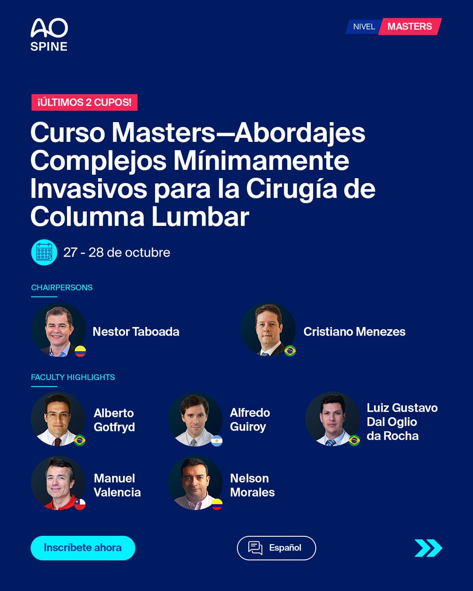 AOSpine's tweet photo. 🚨 Últimos cupos en Palm Beach!
🔹 Curso Avanzado MISS → Solo 1 cupo 👉 https://t.co/5C23L3abvI  
🔹 Curso Masters MISS → Últimos 2 cupos 👉 https://t.co/QcEnwALW5l  
⚠️ Cursos de deformidades: AGOTADOS

⏳ Aprovecha esta última oportunidad hands-on en cirugía de columna. https://t.co/i2AIaEgWmz