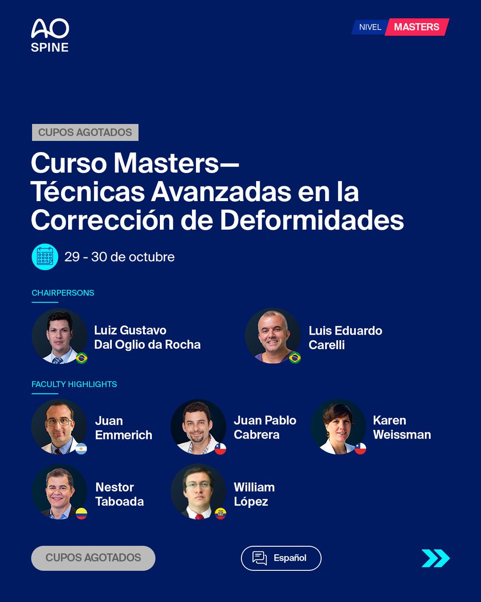 AOSpine's tweet photo. 🚨 Últimos cupos en Palm Beach!
🔹 Curso Avanzado MISS → Solo 1 cupo 👉 https://t.co/5C23L3abvI  
🔹 Curso Masters MISS → Últimos 2 cupos 👉 https://t.co/QcEnwALW5l  
⚠️ Cursos de deformidades: AGOTADOS

⏳ Aprovecha esta última oportunidad hands-on en cirugía de columna. https://t.co/i2AIaEgWmz