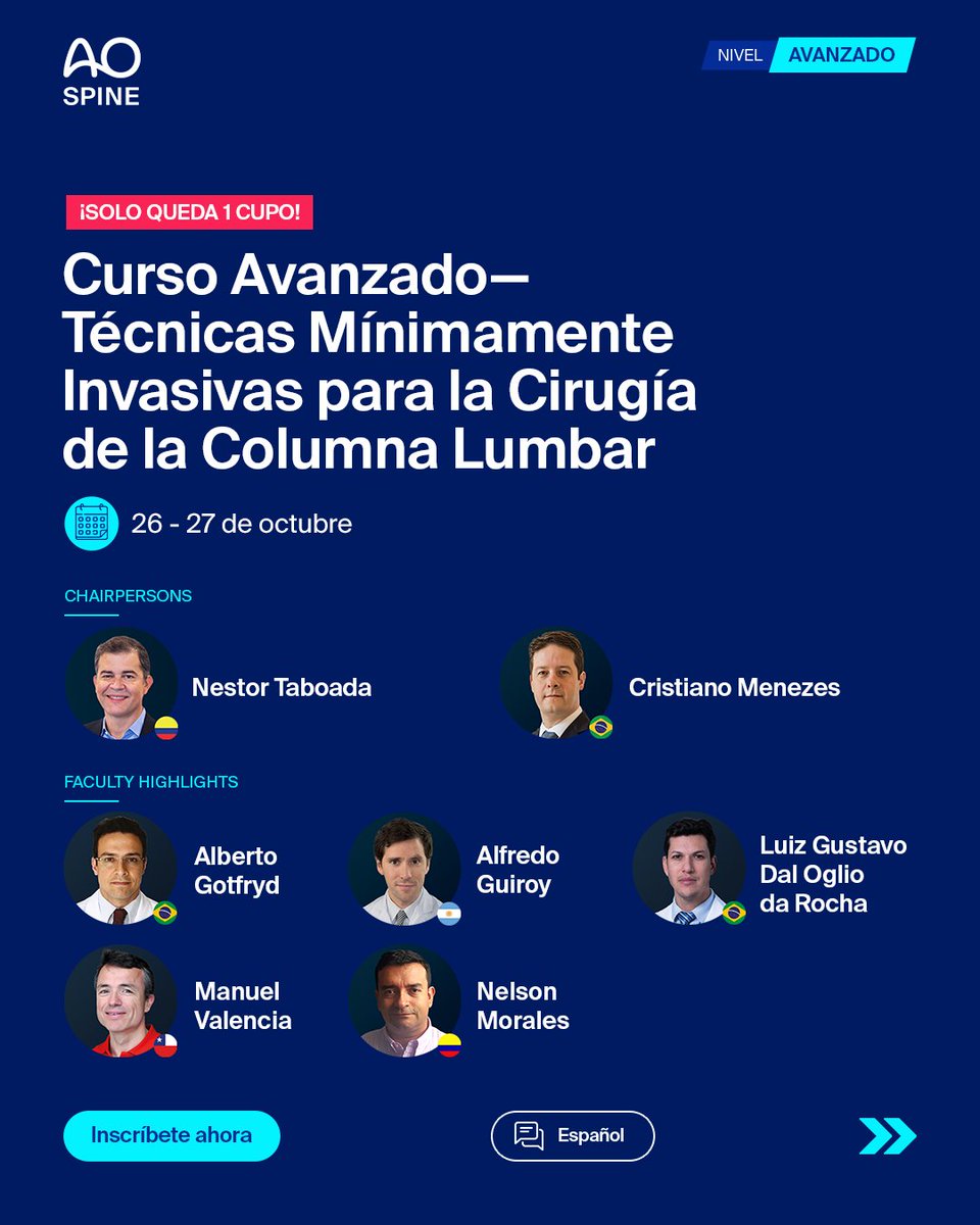 AOSpine's tweet photo. 🚨 Últimos cupos en Palm Beach!
🔹 Curso Avanzado MISS → Solo 1 cupo 👉 https://t.co/5C23L3abvI  
🔹 Curso Masters MISS → Últimos 2 cupos 👉 https://t.co/QcEnwALW5l  
⚠️ Cursos de deformidades: AGOTADOS

⏳ Aprovecha esta última oportunidad hands-on en cirugía de columna. https://t.co/i2AIaEgWmz