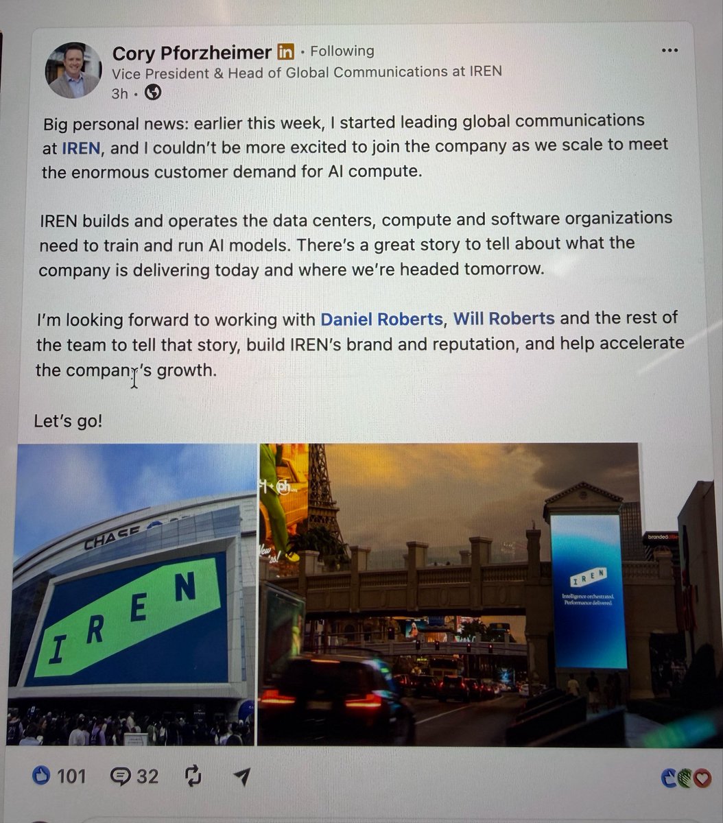 dylan_teeter's tweet photo. IREN keeps landing great execs. Cory joins from Intel, Equinix, HP and Yahoo. Comms has been a weak spot for years, glad to have him in the seat to help tell the story! @FransBakker9812 $IREN https://t.co/Lyp51UqxEo