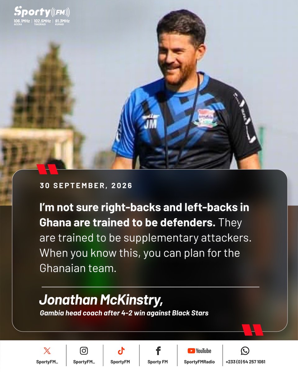 SportyFM_'s tweet photo. Gambia coach Jonathan McKinstry delivers damning assessment of full-backs trained in Ghana. 🗣️ 

#SportyFM https://t.co/t7mIqwdGMm