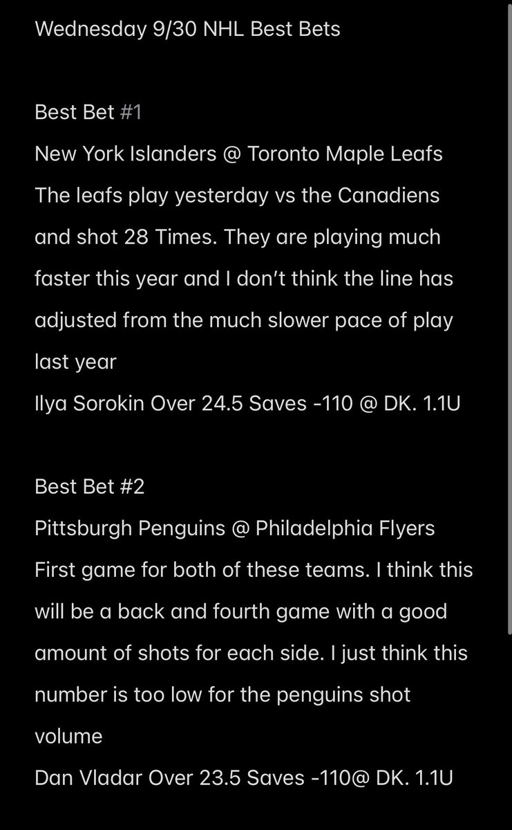 GatorPuckPicks's tweet photo. Wednesday 9/30 NHL Best Bets https://t.co/0MCAo9yWnH