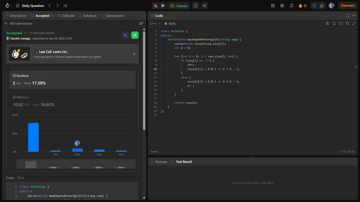 harshit_mngal's tweet photo. 🔥 Day 39
Today’s problem: 1111. Maximum Nesting Depth of Two Valid Parentheses Strings
#DSA #LeetCode #75DaysOfCode #CPlusPlus #Coding #Programming https://t.co/ejYf5uSo4o