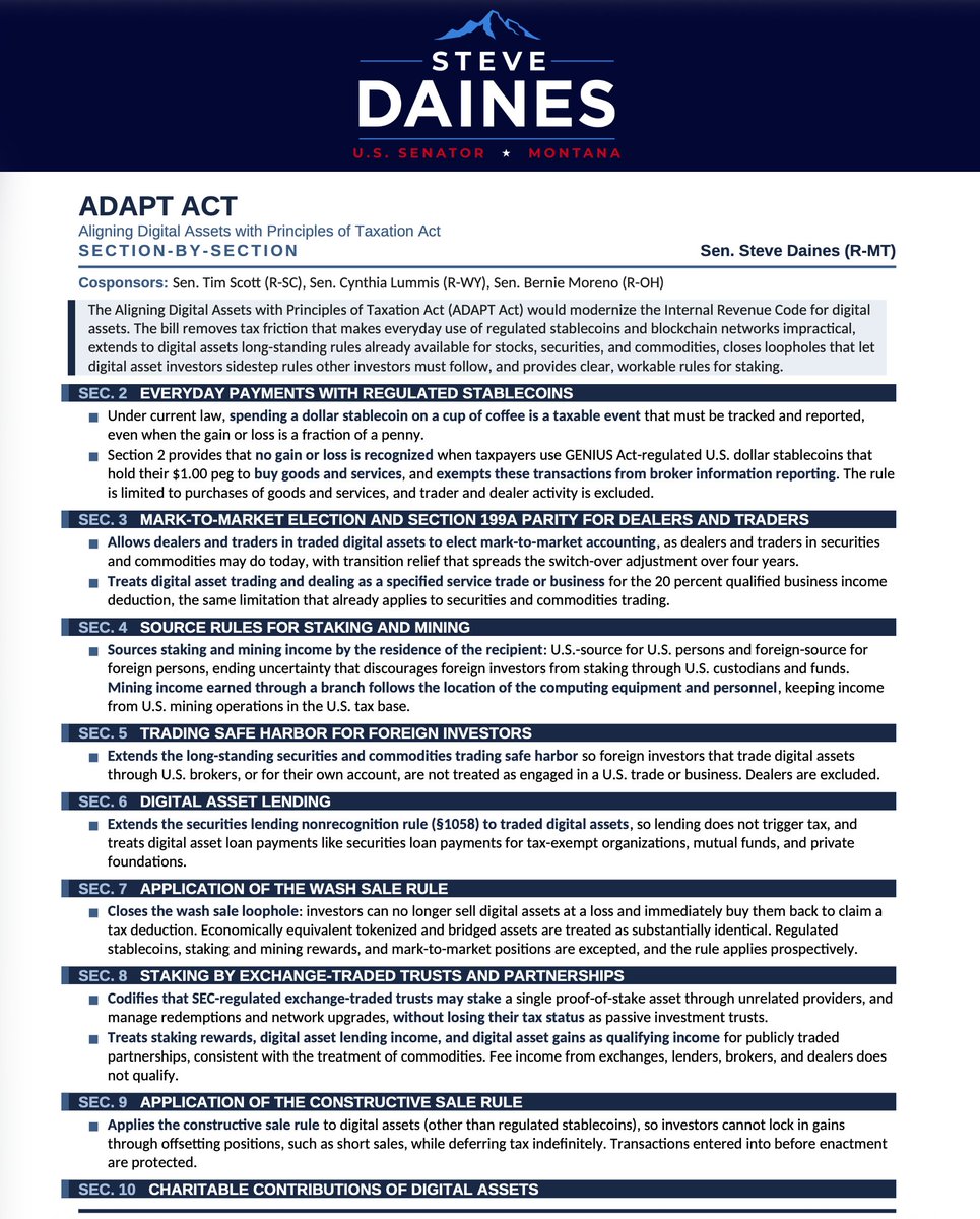 SteveDaines's tweet photo. Digital assets have moved into the mainstream, but the tax code hasn’t kept up. My bill would create clearer rules for stablecoins, network fees, staking and lending—while extending familiar tax rules like wash sales and constructive sales to digital assets. https://t.co/W6nXSsTgvX