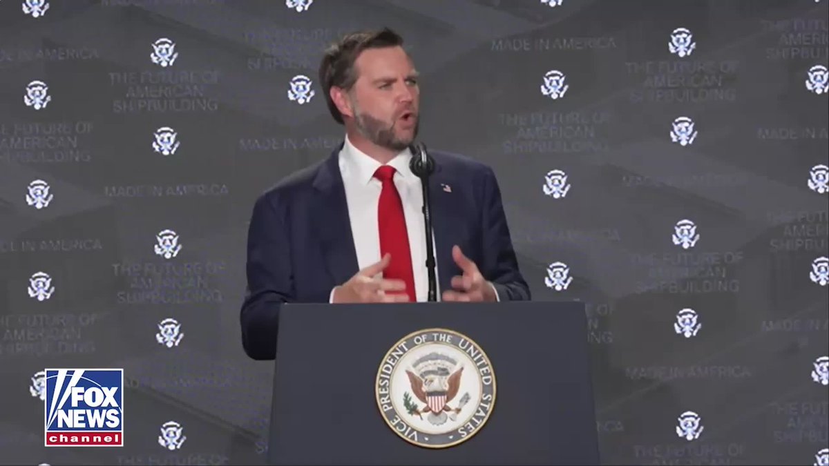 A Fox News screenshot of Vice President JD Vance speaking at a podium bearing the Vice Presidential seal, with a backdrop repeating 'The Future of American Shipbuilding' and 'Made in America'.