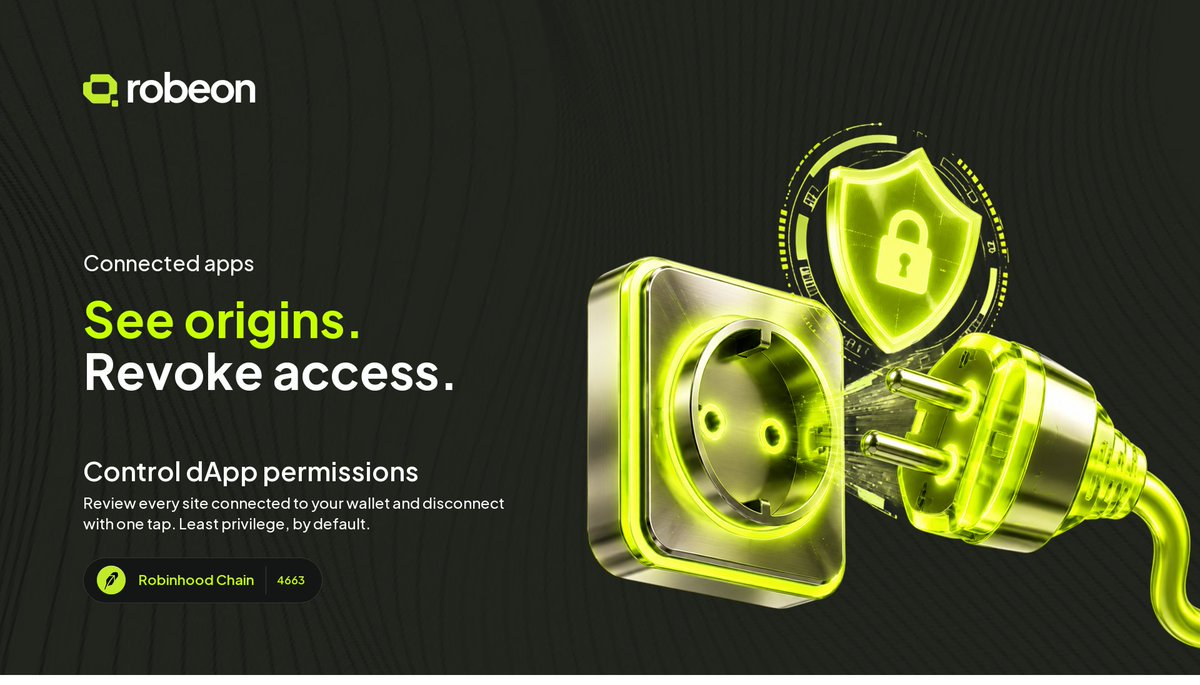 RobeonDeFi's tweet photo. See origins. Revoke access 🔌🛡️

Control dApp permissions with ease. Review every site connected to your wallet and disconnect with one tap. Least privilege, by default.

► Control dApp permissions
► Robinhood Chain 4663

🧩 Chrome Extension: https://t.co/hPDGzOG5BJ

https://t.co/B5a2SMfWfw

Not affiliated with Robinhood Markets, Inc.#RobeonWallet #TokenizedStocks #RobinhoodChain #ChromeExtension