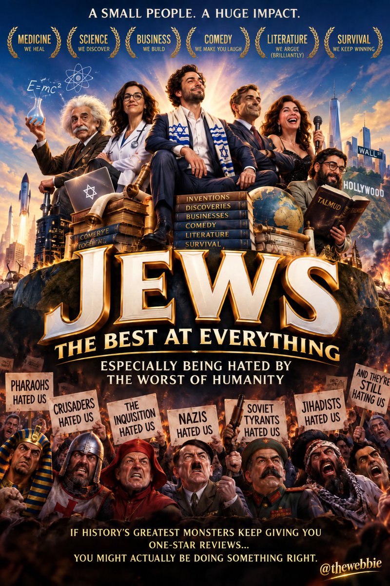 thewebbie's tweet photo. Jews really are overachievers.

Medicine? Pretty good.
Science? Not bad.
Business? We manage.
Comedy? Obviously.
Arguing with each other for 3,000 years and somehow turning it into literature? Elite.

But our most impressive achievement may be this:

For a tiny fraction of humanity, we have somehow managed to be hated by an astonishing percentage of history’s worst people.

Pharaohs. Crusaders. Inquisitors. Nazis. Soviet tyrants. Jihadists.

At some point you have to look at the guest list and think:

You know what? Maybe being hated by these people is not the insult they think it is.

If history’s greatest monsters keep giving you one-star reviews, you might actually be doing something right.

(Let’s see who this triggers, and exactly how spectacularly.)