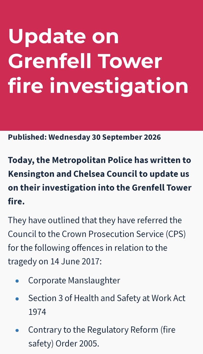thisisyourparty's tweet photo. Kensington and Chelsea Council has been referred for possible corporate manslaughter over Grenfell.

A council can be fined. It cannot be jailed. No individual has been charged.

72 people died. If accountability ends with an institution, that is not justice. https://t.co/gq4YpRi2ph