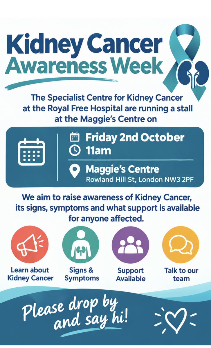 RaviBarodUrol's tweet photo. As part of @Uroweb #urologyweek and @TUF_tweets #urologyawarenessmonth we are hosting a kidney cancer awareness event @RoyalFreeNHS this Friday!

Drop in to @MaggiesRFH to learn about #kidneycancer, support available and meet our excellent multidisciplinary team! https://t.co/5r89WyrDUA