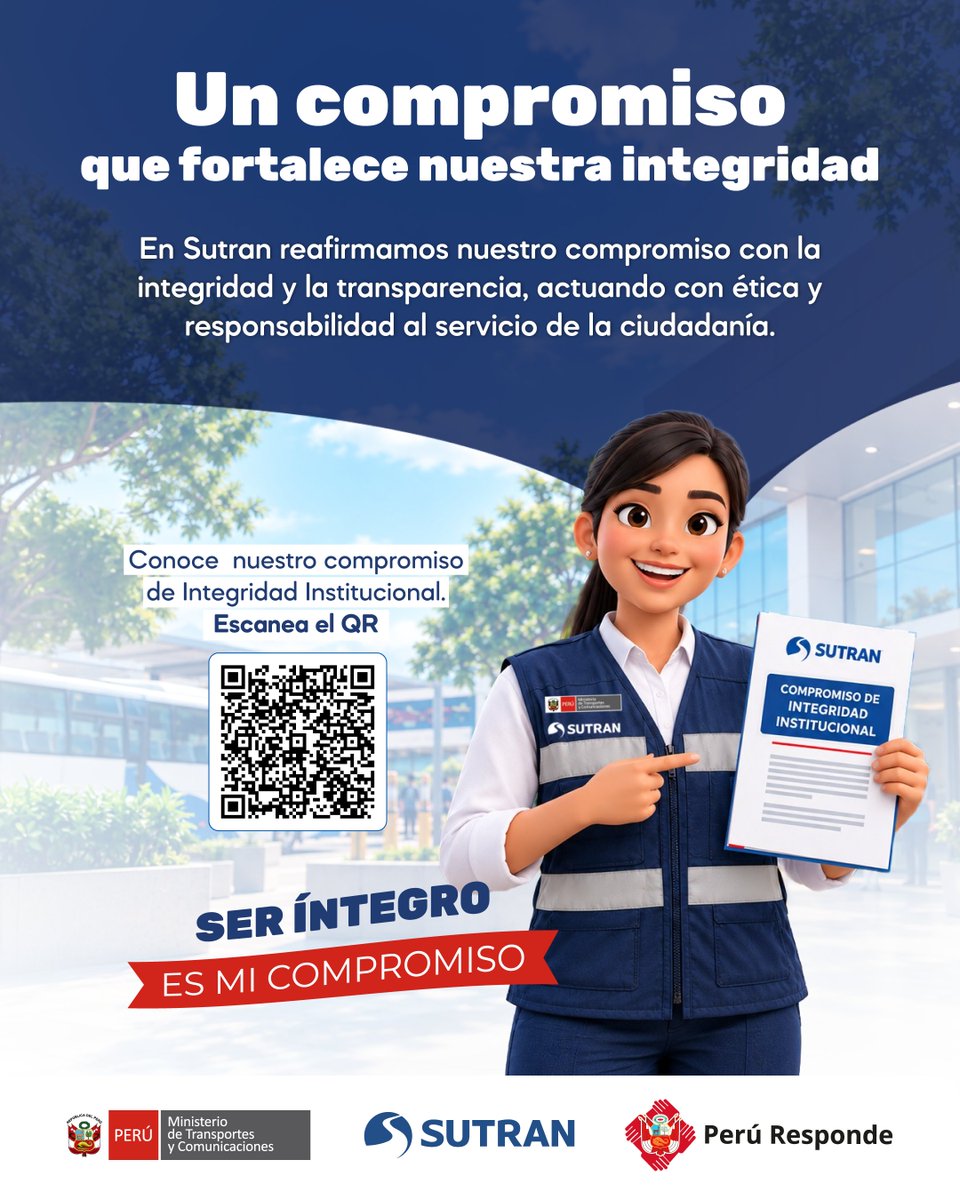 sutranperu's tweet photo. 🏛️ La integridad guía nuestro trabajo. 🇵🇪

En la Sutran fortalecemos una cultura basada en la transparencia, ética y responsabilidad, actuando siempre pensando en el servicio a la ciudadanía.

📄Conoce nuestro Compromiso de Integridad Institucional 2026: https://t.co/krUdI6PAtS https://t.co/N6SHLJL7rL