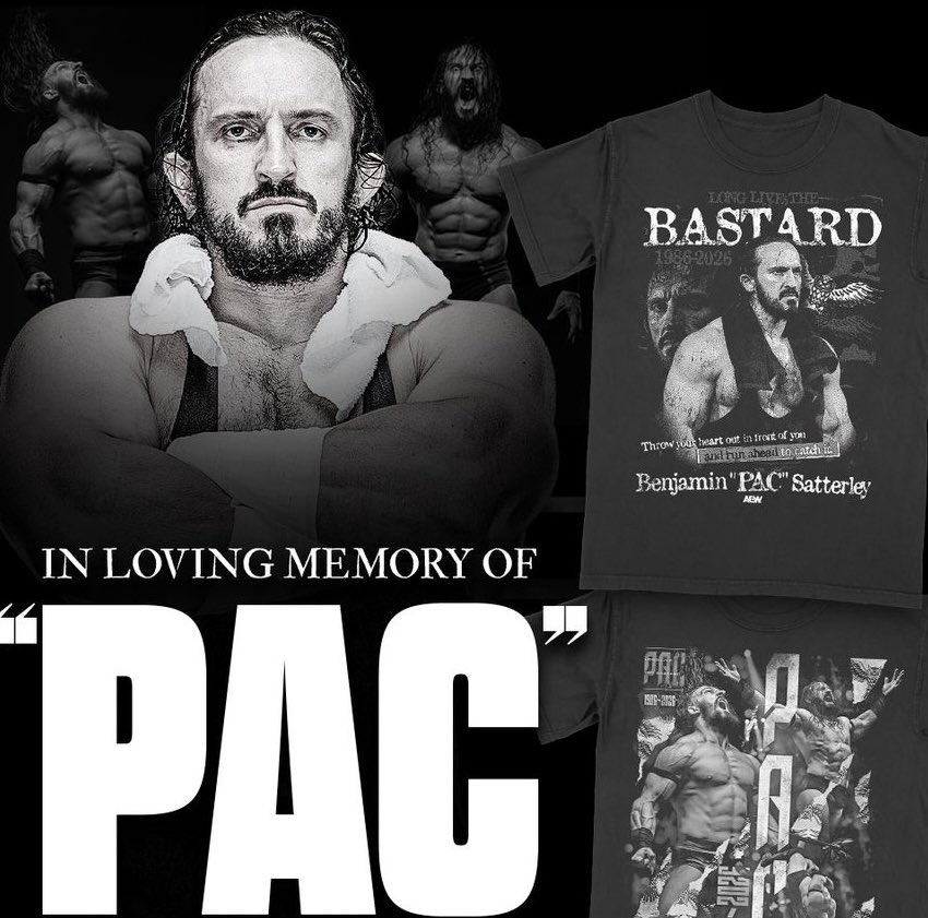 Ace109610's tweet photo. You can’t hate AEW for this
100% of the t shirt profits going directly to support PAC’s family. 
Massive respect doing that for PAC 👍🏻 https://t.co/D1ixJrmXdP