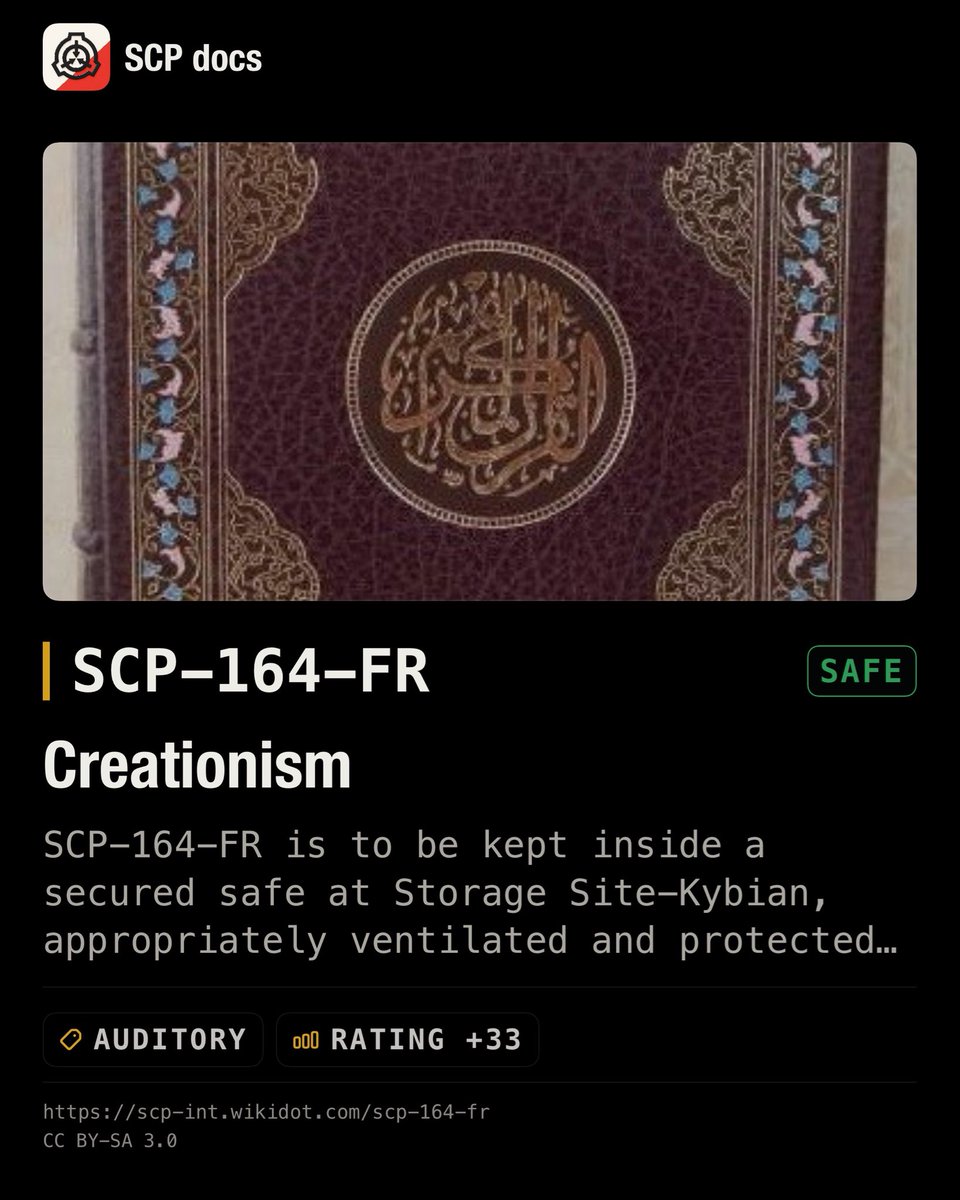 SCPdocs's tweet photo. SCP Spotlight

SCP-164-FR "Creationism"
https://t.co/UnHeCniPVV

⚠️ SCP-164-FR is to be kept inside a secured safe at Storage Site-Kybian, appropriately…

Original score (FR): +33
Read: 5 min
🌐 EN · ES · FR · JP · CN · IT · PT
Tags: auditory

#SCP #SCPdocs #SCPRecommendation https://t.co/kUMeor3dPB
