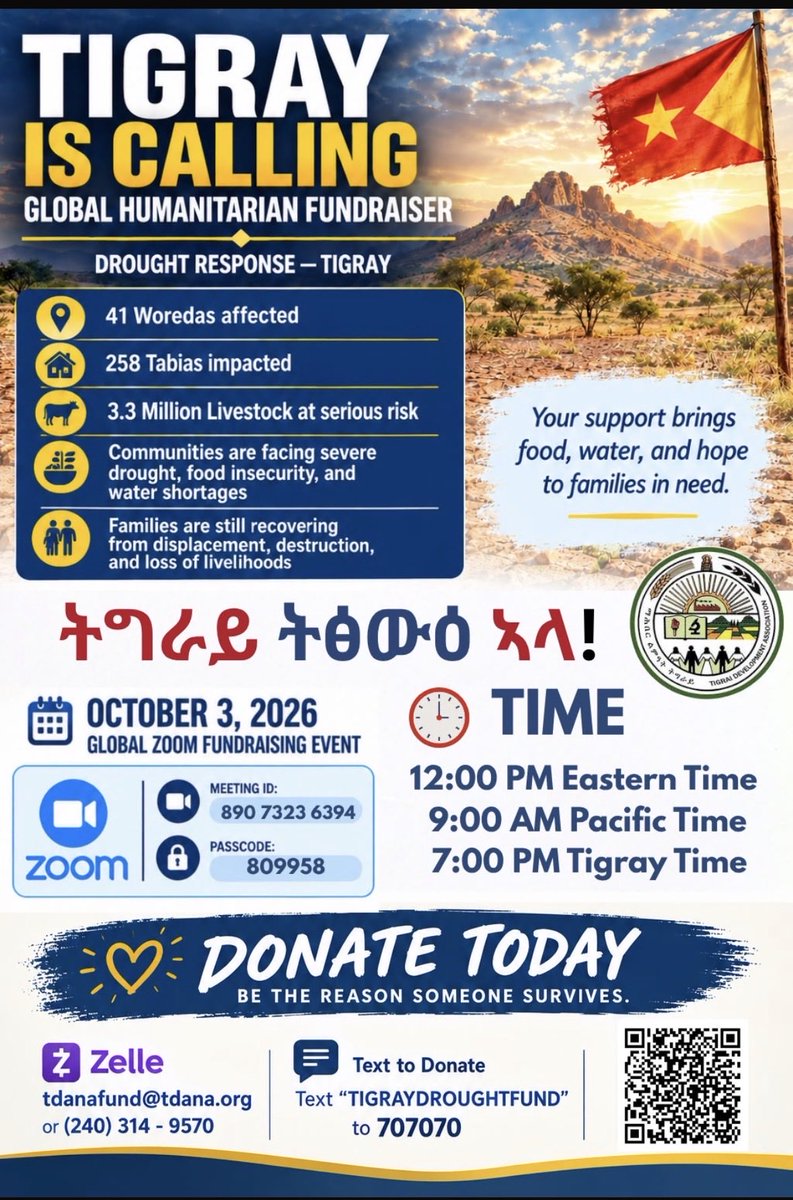johniabraha's tweet photo. Tigray is calling! All are invited to a virtual global humanitarian fundraiser. 

Saturday, October 3,2026 from 12:00pm EST. 👇🏿 https://t.co/z6h5tHvpMC