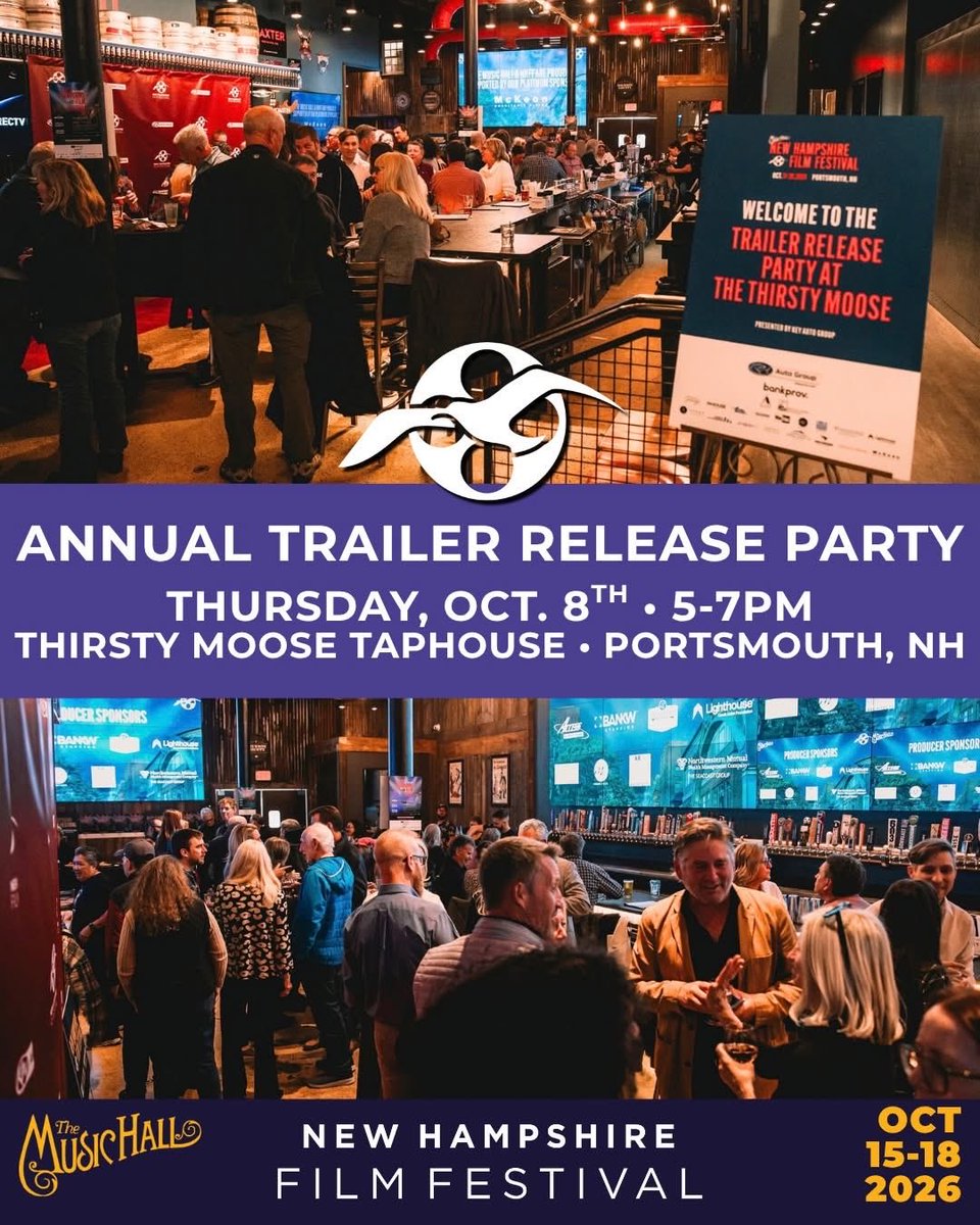 NHFF's tweet photo. We hope to see you at our annual Trailer Release Party next Thurs Oct 8th in Portsmouth to celebrate the upcoming #NHFF! Join us at Thirsty Moose Taphouse for an evening of food, drinks and the debut of our 2026 trailer by Miles Woodworth. All are welcome! https://t.co/QnmE7MIFRO https://t.co/dt0I6dMAA6