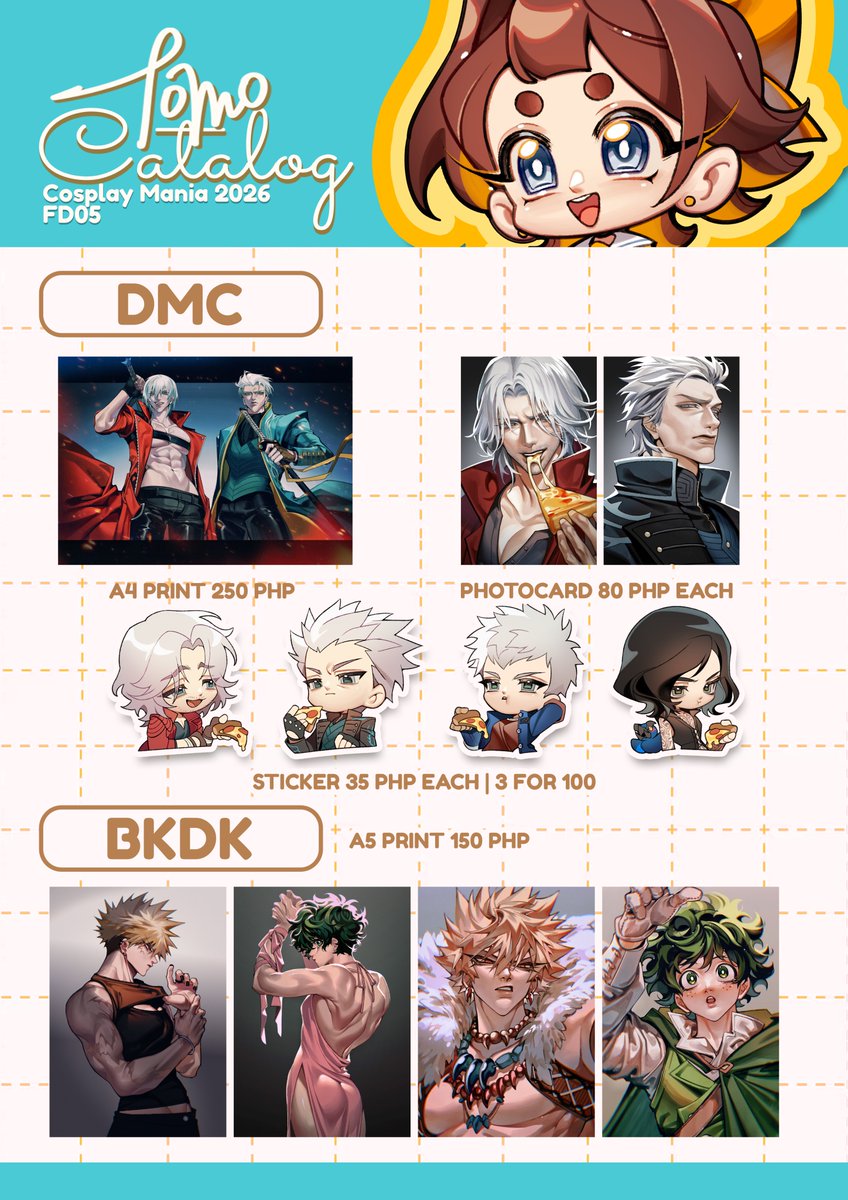 T0M0pann's tweet photo. [RTs and 💖 appreciated!]
Cosplay Mania 2026 Catalog

📍I am at FD05!
Pretty sure these are everything
See y'all there✨

Fandoms
- DC
- Devil May Cry
- Sonic
- Cookie Run Kingdom
- Identity V

#CosplayMania2026 #FanfairAtCosplayMania2026 https://t.co/9bchxxSANo