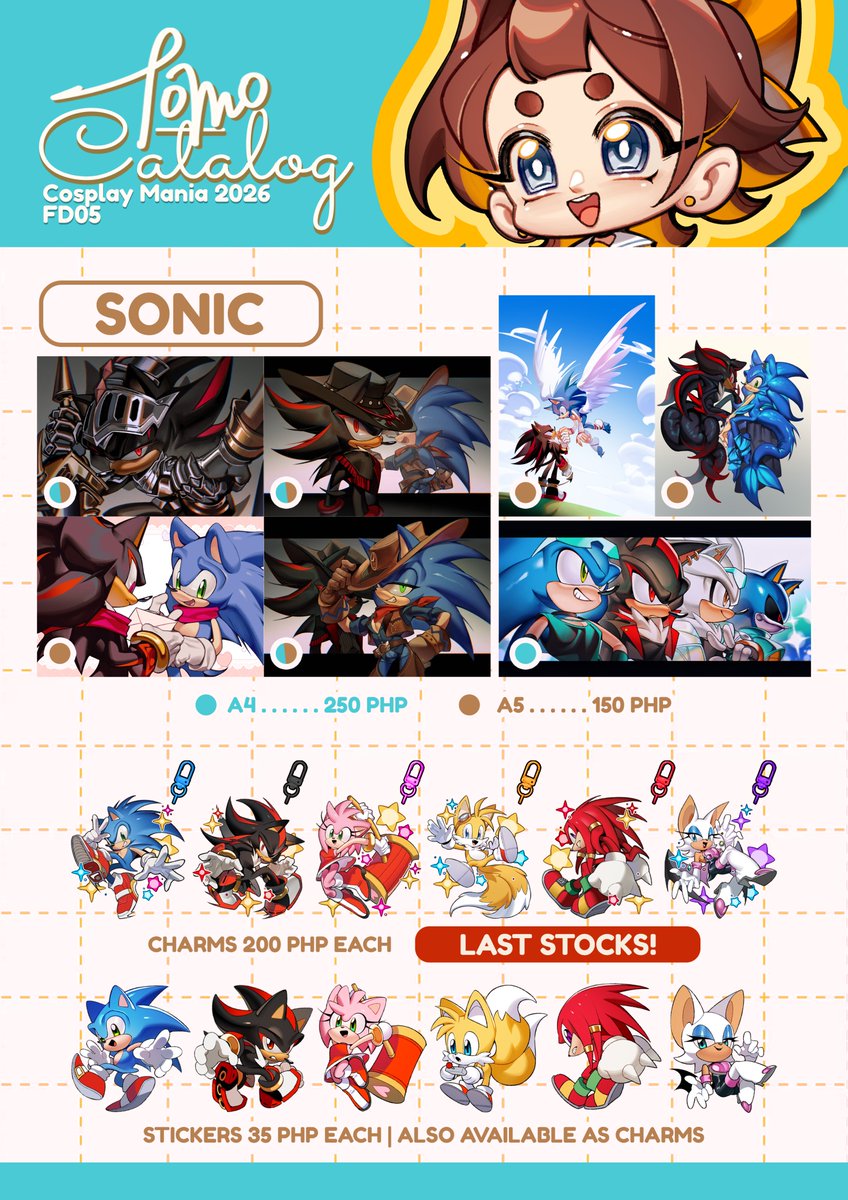 T0M0pann's tweet photo. [RTs and 💖 appreciated!]
Cosplay Mania 2026 Catalog

📍I am at FD05!
Pretty sure these are everything
See y'all there✨

Fandoms
- DC
- Devil May Cry
- Sonic
- Cookie Run Kingdom
- Identity V

#CosplayMania2026 #FanfairAtCosplayMania2026 https://t.co/9bchxxSANo