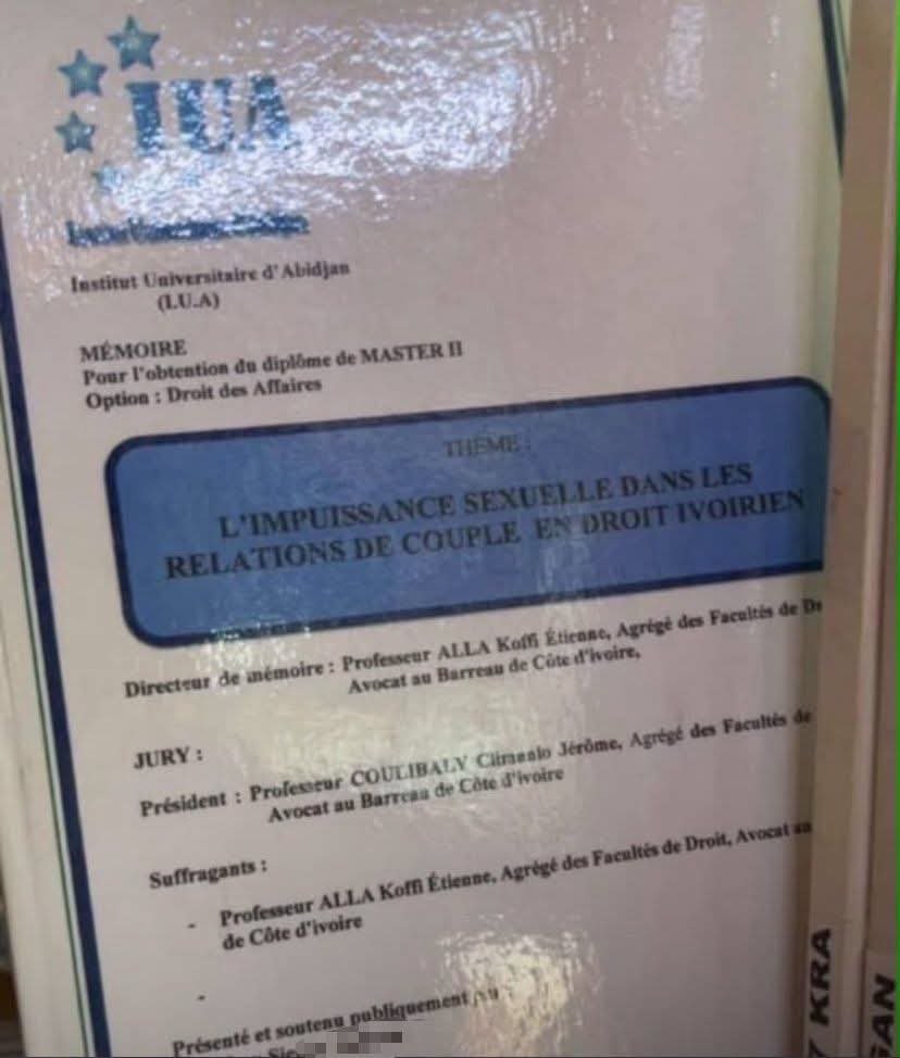 ClemsMikaelson's tweet photo. Bon à moins que les choses n'aient changé et honnêtement je suis ouvert à apprendre si quelqu'un a plus d'informations. 

Mais de ce que je sais et que Google m'a confirmé, le droit de la famille est une branche du droit civil (et donc du droit privé) qui gère les relations personnelles, le mariage, le divorce, la filiation et l'autorité parentale entre les personnes tandis que le droit des affaires est une autre branche du droit privé qui régit les activités des entreprises, le commerce, les sociétés et les contrats professionnels.

Donc à quel moment un mémoire pour la soutenance d'un Master: Option Droit des Affaires, porte sur du droit de la famille et le sujet de l'impuissance sexuelle? Ou bien c'est moi qui comprends mal? Je suis encore plus surpris quand je vois les gros noms affichés sur le mémoire qui sont des éminents professeurs de droit qui ne sont plus à présenter. 

Si quelqu'un peut m'expliquer 🙏🏾. Parce que je vois ça comme agouti dans tchep ou lauriers dans sauce graine.
