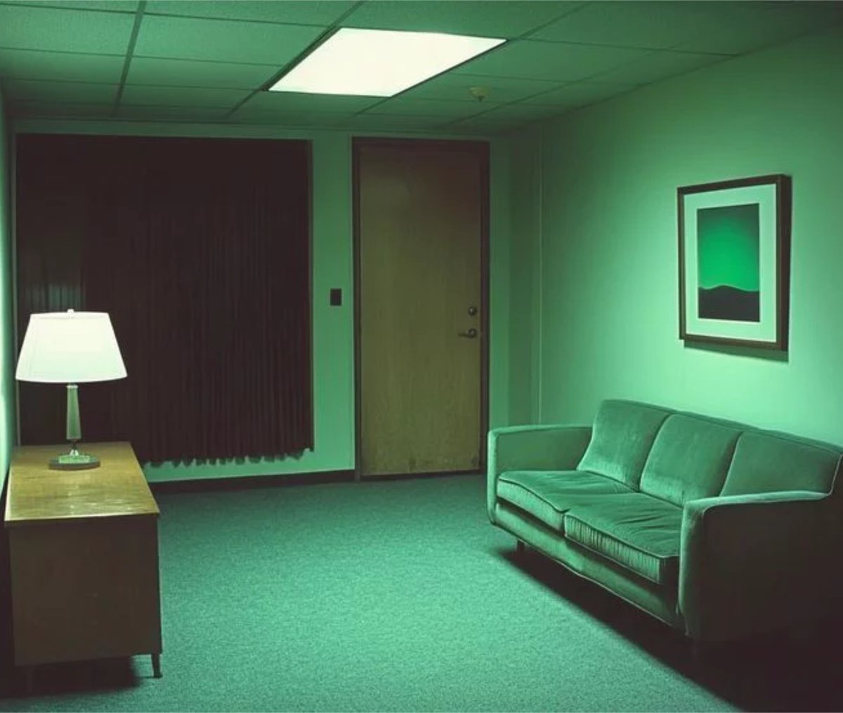 MaterTenebra's tweet photo. It's like the sofa isn't justa "a sofa" but it's more of "something that resembles the most generic shape a sofa could have"

oddly enough precisely the kind he would imagine as soon as thinking about the word 'sofa' the same is for every other item in the room https://t.co/pn2Xha3F05