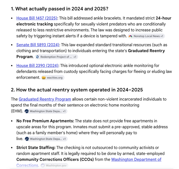 A text document outlines legislation and facts from 2024-2025, detailing 'House Bill 1457', 'Senate Bill 5893', and 'House Bill 2390' regarding electronic tracking and the 'Graduated Reentry Program'.