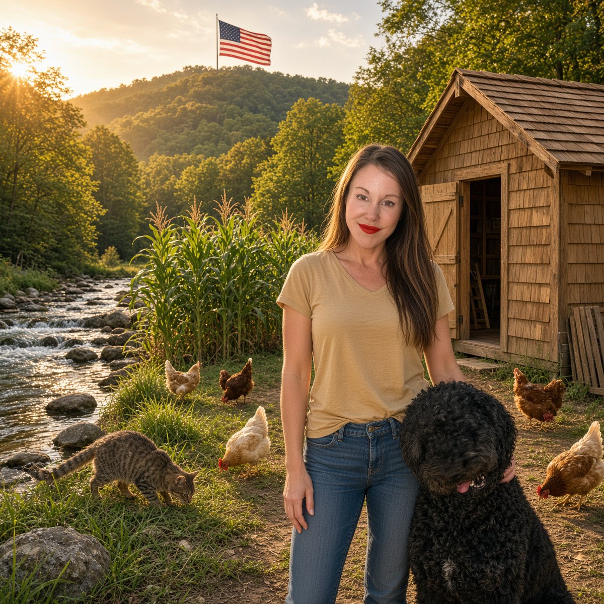 grayce_notes's tweet photo. “Create an image of what the world would look like if I were in charge”. Grok gave me quite the glow up. Point taken 🤣.
Grok is right, though. Not having a bun everyday, some lipstick on the pig and some highlights would probably serve me 🤣 But let’s be honest here. That corn and chicken coop are gonna flood every spring and fall. As a matter of fact that corn wouldn’t have made it past sprouting with chickens allowed anywhere near it ￼🤣