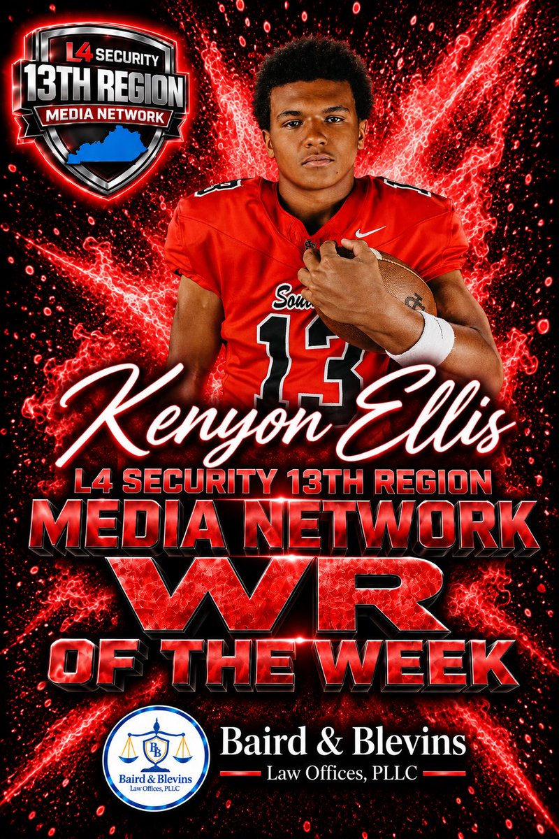 BoysGirls13th's tweet photo. 🏈🔥 FOOTBALL WR OF THE WEEK 🔥🏈

Congratulations to Kenyon Ellis of South Laurel on being named the L4 Security 13th Region Media Network Wide Receiver of the Week!

Kenyon made his presence felt for the Cardinals with a strong performance, making plays and helping spark the South Laurel offense.

👏 Congratulations, Kenyon, on earning this week’s honor!

A special thank you to Baird & Blevins Law Offices, PLLC for sponsoring the Wide Receiver of the Week and for continuing to support student-athletes throughout the 13th Region.

#13thRegion #Football #WROfTheWeek #SouthLaurel #Cardinals #KenyonEllis #BairdAndBlevins #L4Security13thRegionMediaNetwork