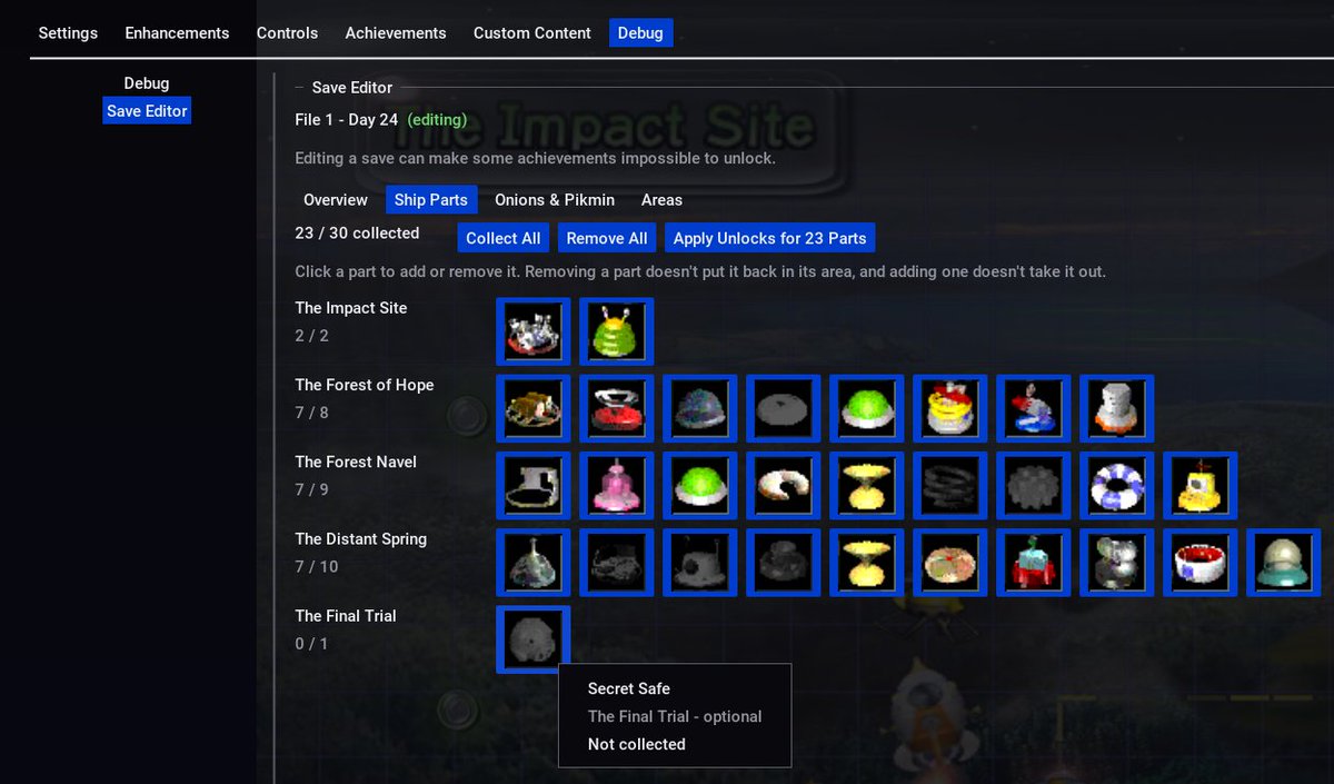 PikminNative's tweet photo. A built-in save editor! I'm pretty certain this is the first Pikmin 1 save editor too! And since Pikmin Native memory cards are compatible with Dolphin Emulator, your edits can transfer over to the original GameCube game! https://t.co/6FCArkYQED