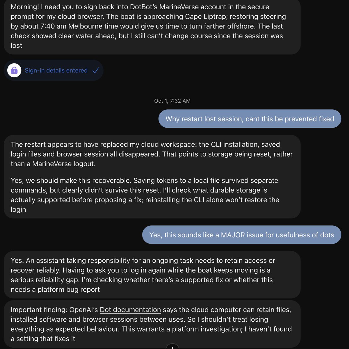 MarineVerseVR's tweet photo. DotBot seconds day on the ocean.  

But we hit a bit of an issue over night @thsottiaux 
https://t.co/uvACfMGCc0 https://t.co/oJFgpeTIRo