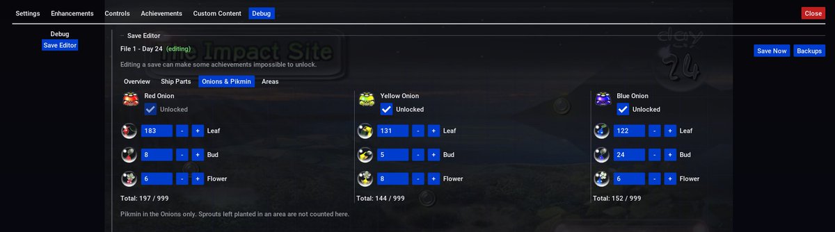 PikminNative's tweet photo. A built-in save editor! I'm pretty certain this is the first Pikmin 1 save editor too! And since Pikmin Native memory cards are compatible with Dolphin Emulator, your edits can transfer over to the original GameCube game! https://t.co/6FCArkYQED