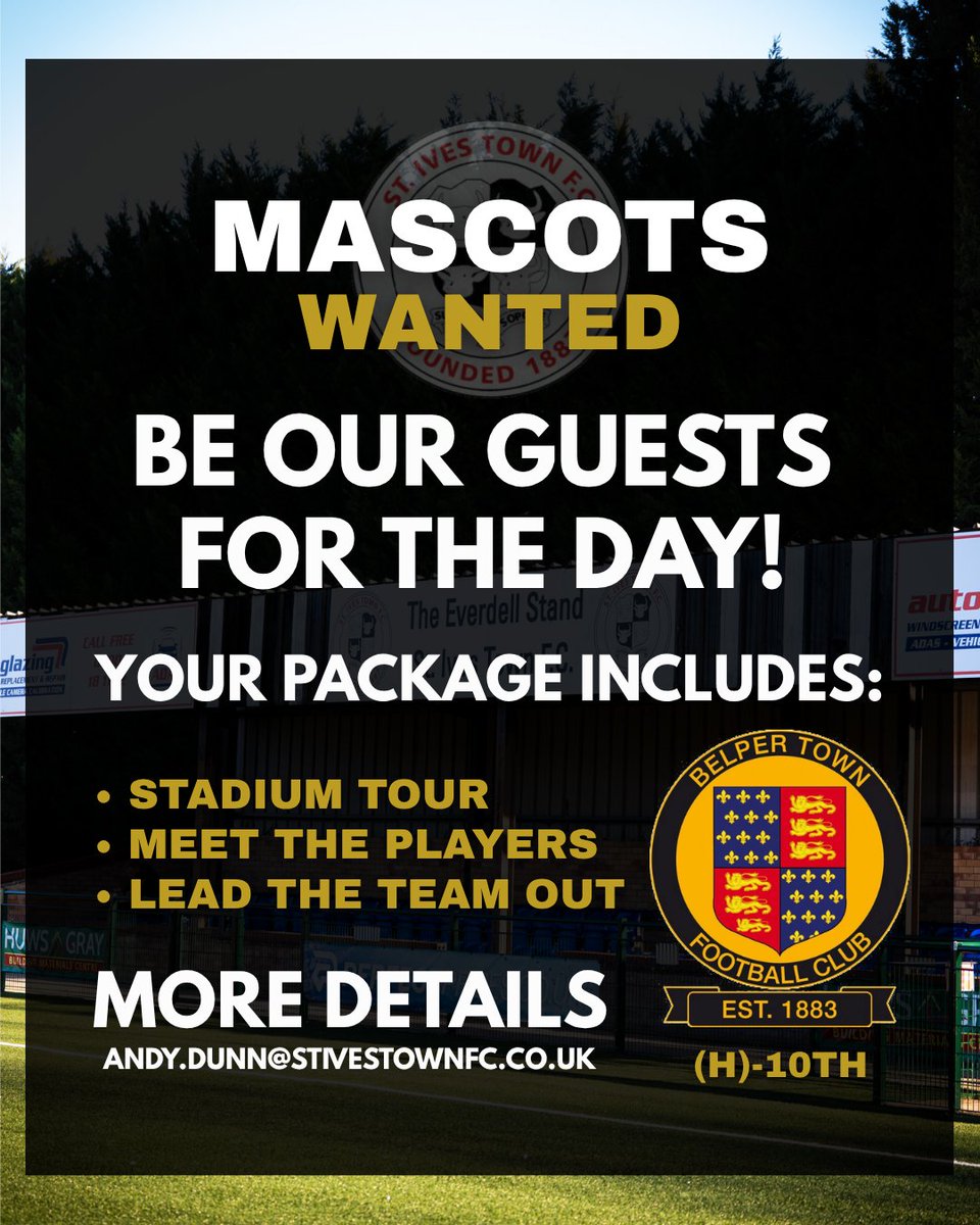 stivestownfc's tweet photo. Matchday Mascots! ⚽️

We are looking for local junior teams to act as matchday mascots at our next home game against @BelperTownFC on the 10th of October! 💪

More details below! 👇

#UpTheIves https://t.co/AyzeTanVcG