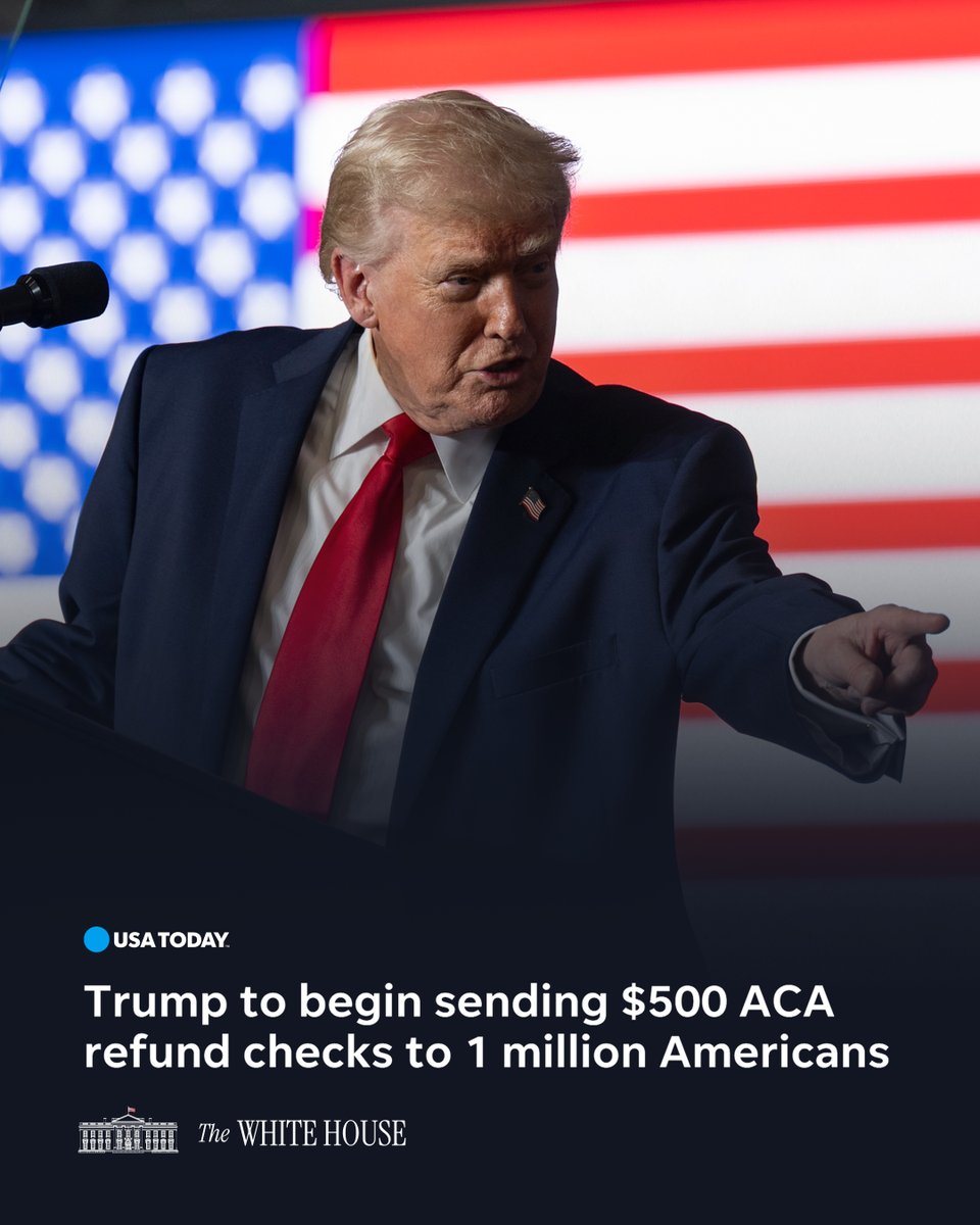 WhiteHouse's tweet photo. More money back in YOUR wallet. 🇺🇸💸 

'President Donald Trump is set on Sept. 30 to start sending $500 checks to nearly 1 million Americans his administration says were overcharged through the Affordable Care Act's federal exchange for buying health insurance.' https://t.co/1AZ71dTl81
