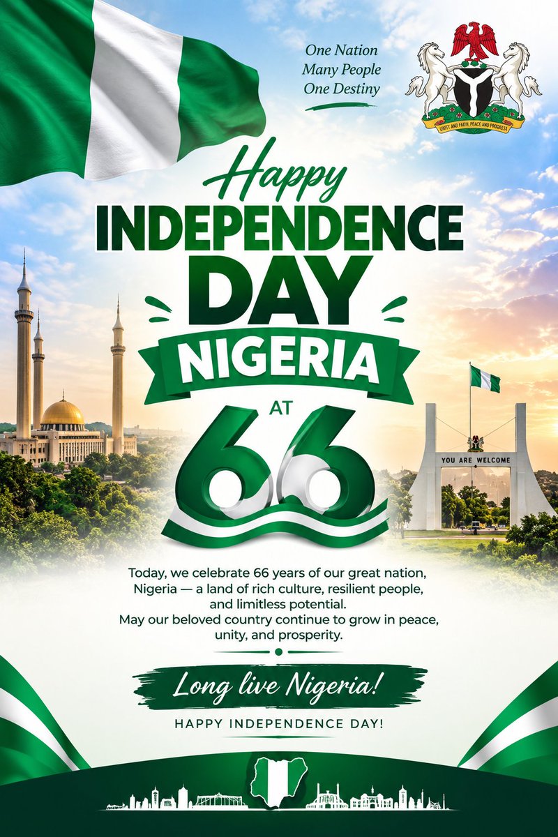 Ogundele179's tweet photo. 🇳🇬 Nigeria at 66!

66 years of resilience, hope and strength.

May God bless our nation with peace, unity and lasting prosperity.

To every Nigerian, at home and abroad—Happy Independence Day! 🇳🇬

One nation. One people. One hope. https://t.co/7VzRyb08ux