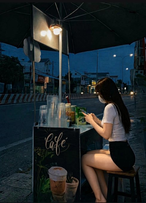 A young woman wearing a mask sits at an outdoor street cafe cart at dusk, looking at her phone, with the cart illuminated by a light under an umbrella and 'Cafe' written on a chalkboard sign.