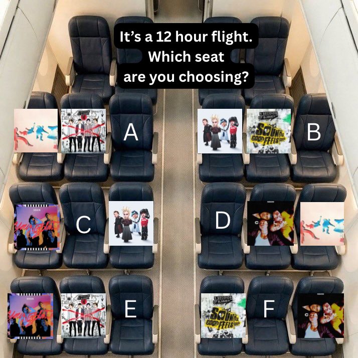 The5SOSYears's tweet photo. POV: it’s a 12 hour flight to your next 5SOS show. Which seat are you choosing? ⭐️ https://t.co/YH0UfYBBgJ