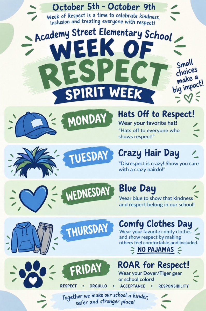 AcademyStreetES's tweet photo. Week of Respect is next week! October 5-9! Please participate in our Spirit Days! Go Tigers! @LJaime13
# ROAR
#WeekofRespect https://t.co/7uk6JUAl11