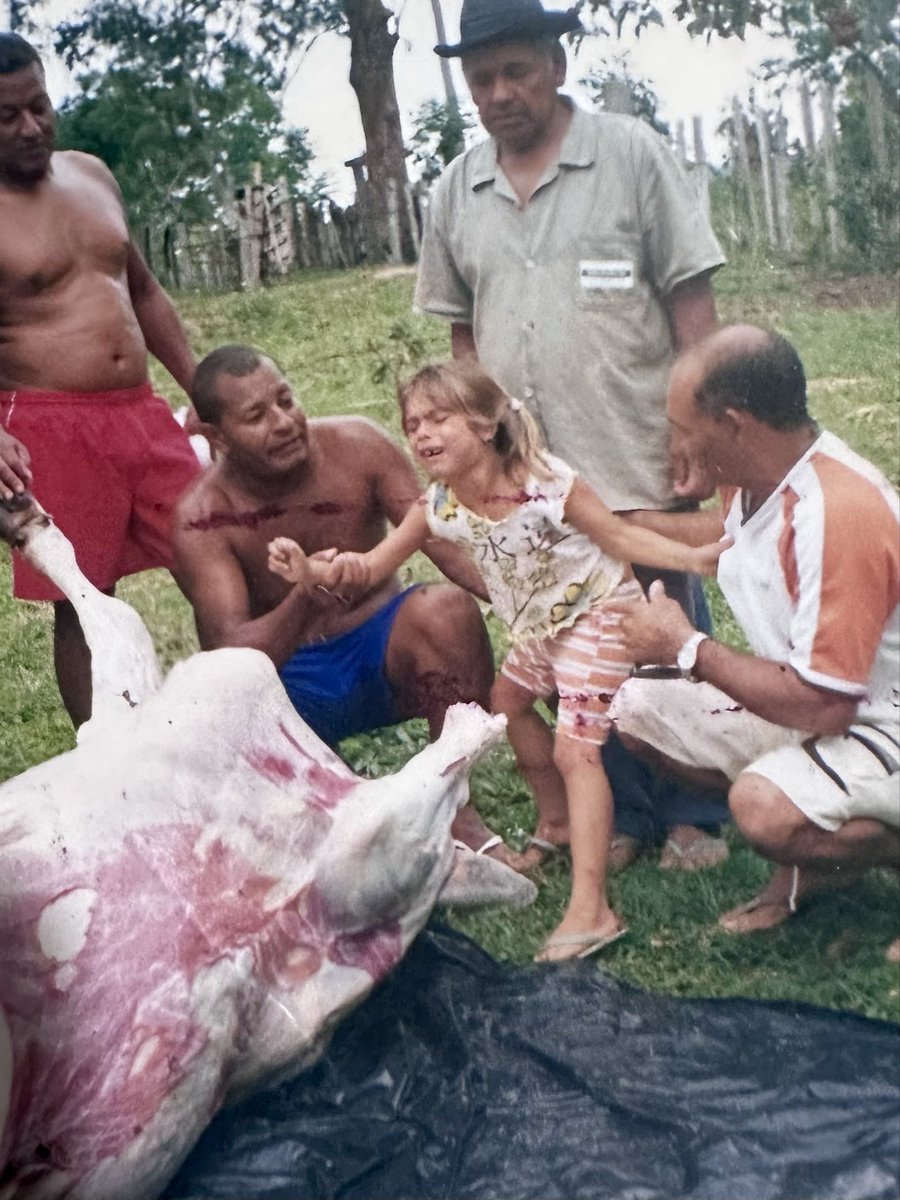 SheAlkaline's tweet photo. meu pai (o que está me segurado) falou pra eu não bisbilhotar eles matando o boi na roça e eu que sempre fui curiosa não quis escutar. esse momento gerou essa foto icônica e um trauma ✨ https://t.co/kSyHv1sV7H