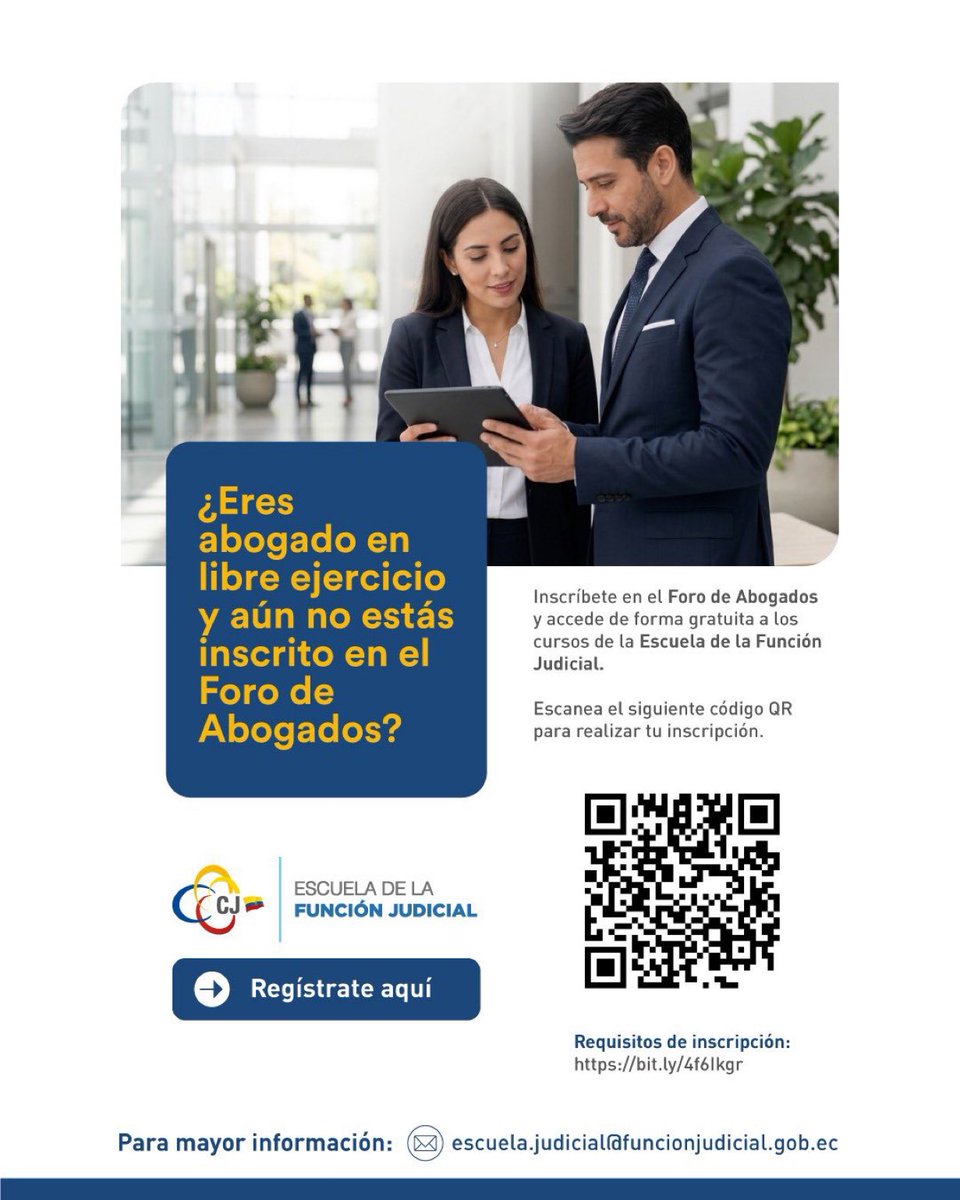 chimborazoCJ's tweet photo. Eres profesional del Derecho, inscríbete en el Foro de Abogados de la @EscuelaCJec y accede a los cursos de capacitación gratuitos para fortalecer tus conocimientos.   📲 Regístrate: https://t.co/cfDunb4rLC

 #JusticiaConIndependenciaCJ⚖️ https://t.co/Zf4BfZ43Vo