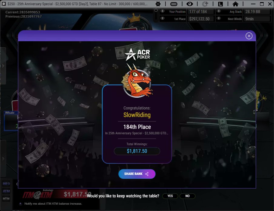 TheEternalWhat's tweet photo. @ACR_POKER From a spin up from a telegram 3.15 satty. https://t.co/RZCUIpKiTk