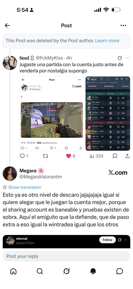 MegaraValorantm's tweet photo. @blupabb @ItsGamerDoc Ella borró la publicación pero primero admitió públicamente que ella había vendido su cuenta, después dijo que era un amigo que se dedicaba a acosar a chicas en swiftplay  para al final darnos cuenta de que aparte le juegan la cuenta en rankeds. SHARING ACCOUNT Y WT @ItsGamerDoc https://t.co/A3ovV83grm