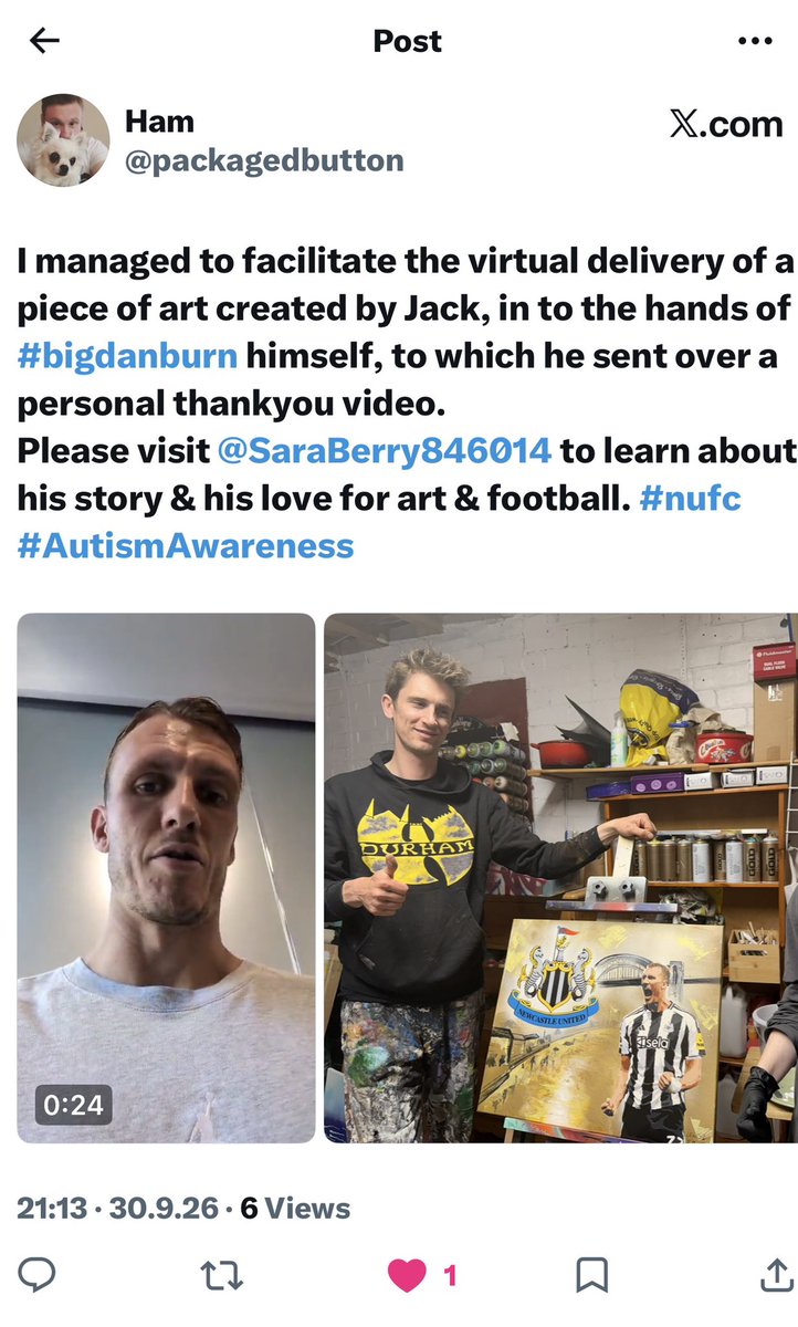 SaraBerry846014's tweet photo. Tonight we were sent this I actually cried because of the awful week we had.  Please if you’re a SAFC fan please watch this video from Dan Burn it’s not about supporting a football team it’s about kindness and respect for others.  #danburn #nufc #autism #art #blackandwhitearmy https://t.co/pst0Rb4AqF