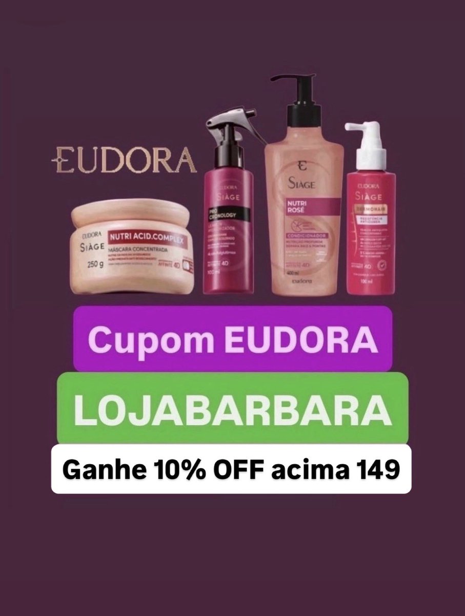 cupom_da_ba's tweet photo. Cupom Eudora 2026: LOJABARBARA
✨Use o cupom LOJABARBARA para ganhar 10% off acima 149
Código ativo e verificado em 2026 para Siàge, Niina Secrets e todo site EUDORA.
#eudora #cupomeudora #siage #niinasecrets
https://t.co/Zy7K5oyIEy https://t.co/ES1M7lxg2v