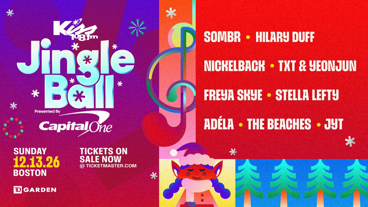 Kiss108's tweet photo. GO! GO! GO! #Kiss108JingleBall tickets are officially on sale NOW 🤩 Get yours before it's too late! ⏰ We can't wait to see you on Dec. 13 at @tdgarden! 🎄❄️⁠
⁠
BUY TICKETS 👉 https://t.co/Obv7fKIBy8
⁠
⭐️ SOMBR
⭐️ @HilaryDuff  
⭐️ @Nickelback 
⭐️ @TXT_bighit  & YEONJUN
⭐️ Freya Skye
⭐️ Stella Lefty
⭐️ ADÉLA
⭐️ The Beaches
⭐️ JYT
