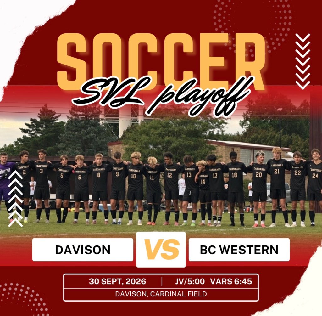 DavisonMade's tweet photo. Good luck to our Boys Soccer team tonight taking on BCW in round 2 of the SVL Crossover Cup. Go CARDS!! #CardinalPride https://t.co/LdT1G2cVSr