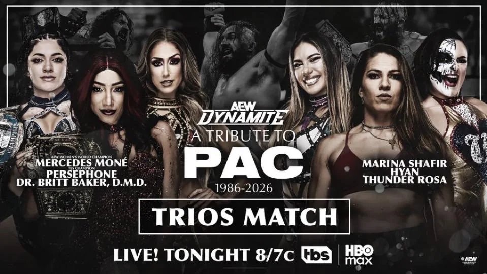 AEWBase's tweet photo. A trios women's match tonight includes:

Mercedes moné, Britt baker, and Persephone vs Marina Shafir, Hyan, and Thunder Rosa. 

Tonight on #AEWDynamite, a tribute to PAC. https://t.co/rKt2ktvAqJ