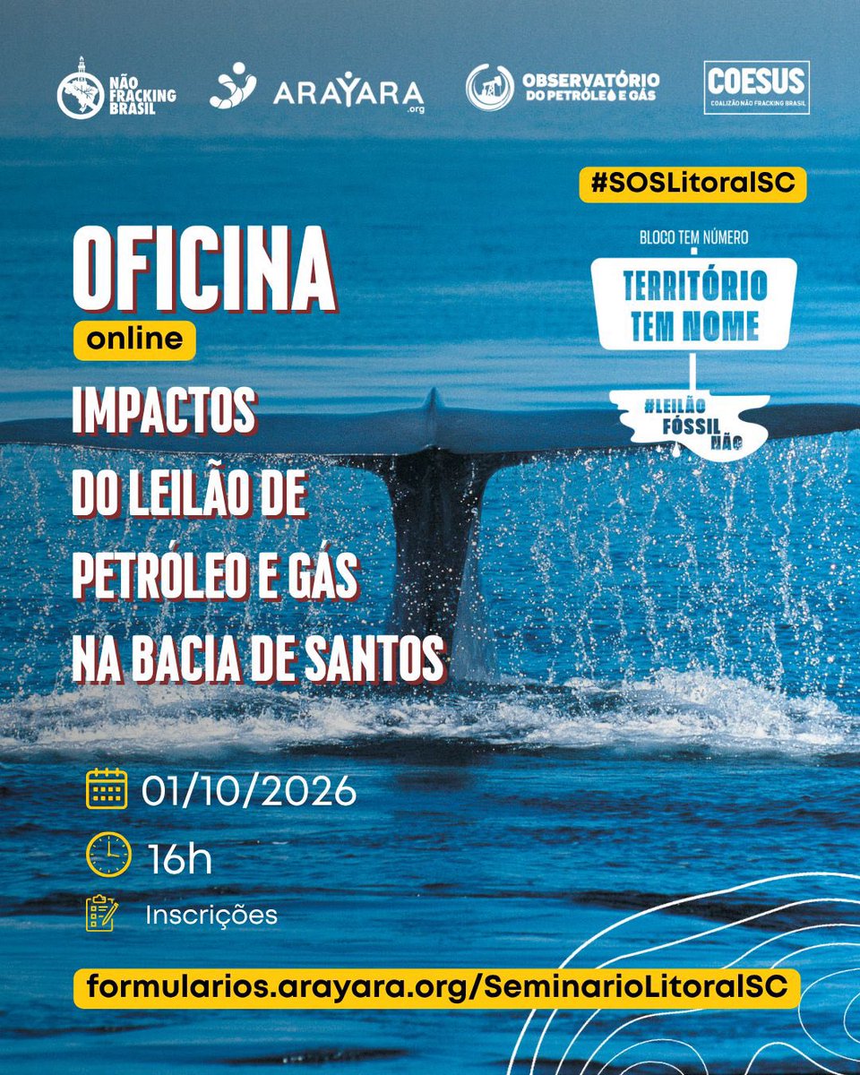 arayaraoficial's tweet photo. 🐋 Oficina #SOSLitoralSC

Entenda como os leilões da ANP ameaçam a Bacia de Santos e fortaleça a mobilização em defesa do litoral, do clima e das comunidades costeiras.

Nesta quinta-feira, 01/10 às 16h, online. Participe!

https://t.co/i9lo4tRIEV https://t.co/8TnxM9peHW