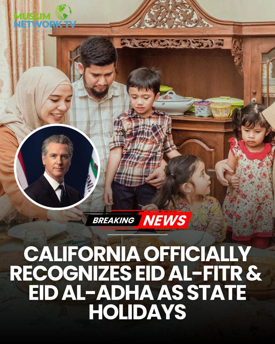 MuslimNetworkTV's tweet photo. California officially recognizes Eid as a state holiday.
California has added Eid al-Fitr and Eid al-Adha to its list of state holidays, making it the second U.S. state to officially recognize the two major Muslim holidays.
#MuslimNetworkTV #Eid #EidAlFitr #EidAlAdha #California https://t.co/Ja8aflpDAv
