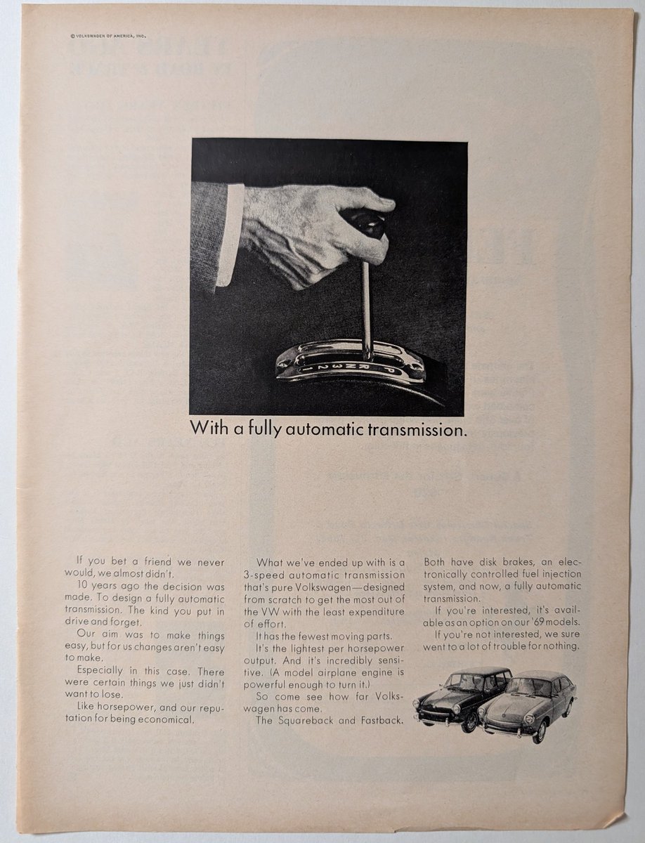 The_Record_Inst's tweet photo. 1969 VW print ad: after 10 years of development, Volkswagen finally offered a fully automatic transmission on the Squareback and Fastback. "If you're not interested, we sure went to a lot of trouble for nothing." #VintageAds #Volkswagen https://t.co/3rKQOedFSl https://t.co/BWoWyEa2lo