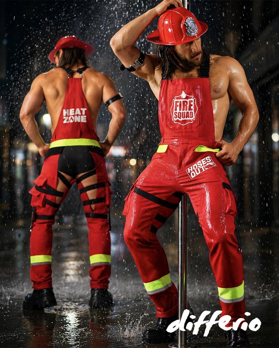 Differio's tweet photo. HALLOWEEN HEAT UNDERWEAR OPTIONAL 🔥🔥🔥 Meet our exclusive Firefighter Costume. Slim-fit red overalls with back cutouts and custom graphics for some seriously heated humor. Limited stock. Shop now at Differio >> https://t.co/rCHup7BHnU #chudai #chippendales https://t.co/jkzOrP3QIl